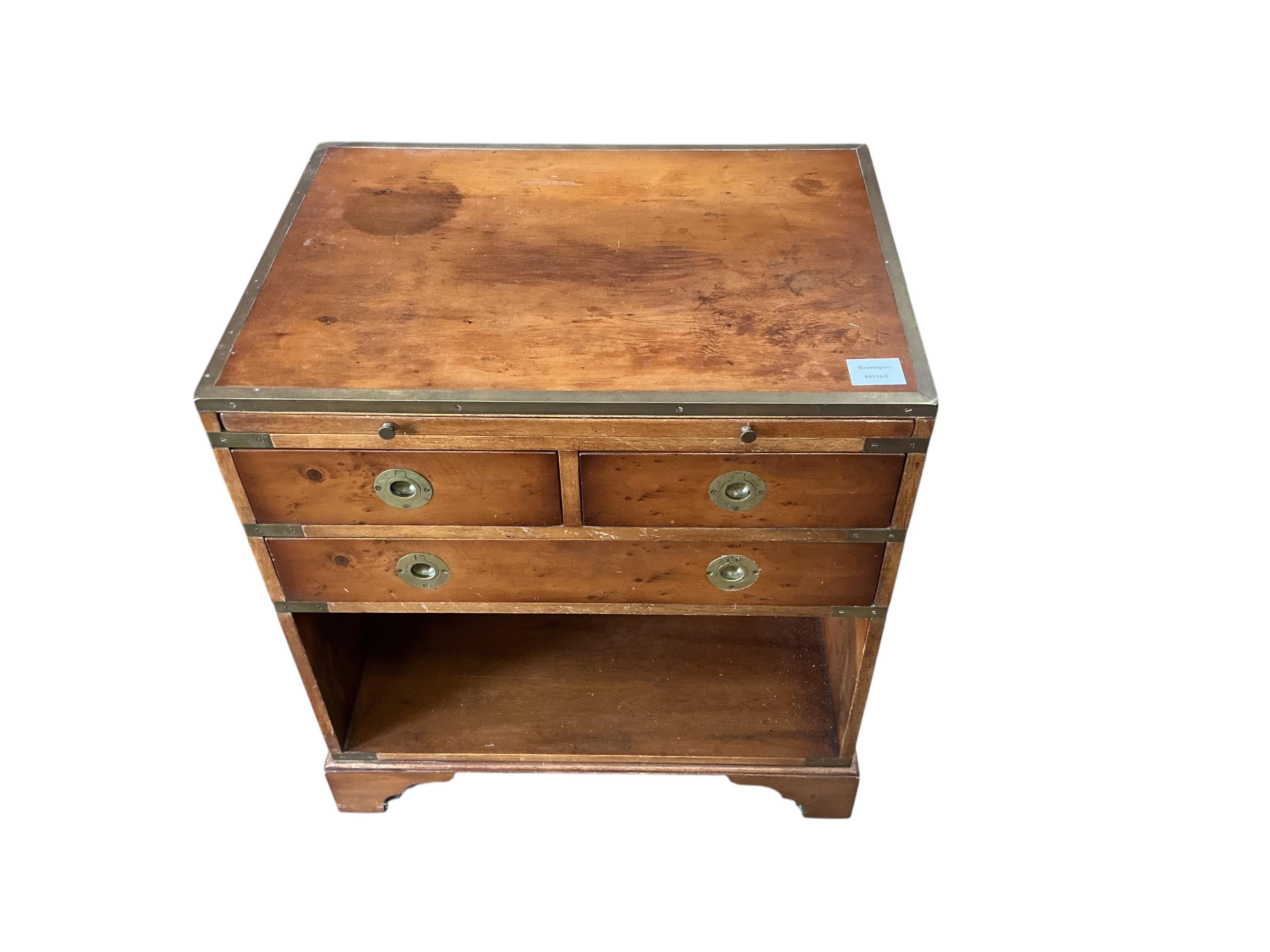 A reproduction brass mounted military style yew side cabinet, width 56cm, depth 40cm, height 60cm